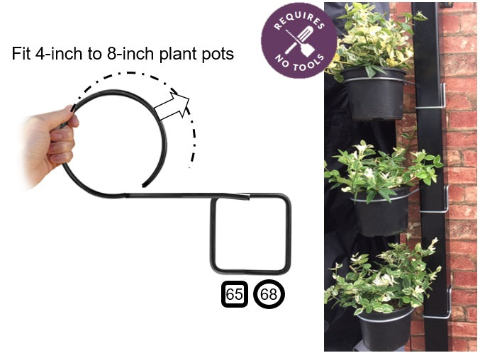 Image of drainpipe Plant Pot Holders by PotMagic Ltd used to create a beautiful vertical garden and disguise those ugly rain-water drainpipes. Fits 65mm square and 68mm round Rain-water Drainpipes. Fit in 2 seconds. No Tools are Required. Plant pot holding ring can be expanded from 4 inches to 8 inches diameter. Made from shiny galvanised 6mm diameter steel. Strong.
