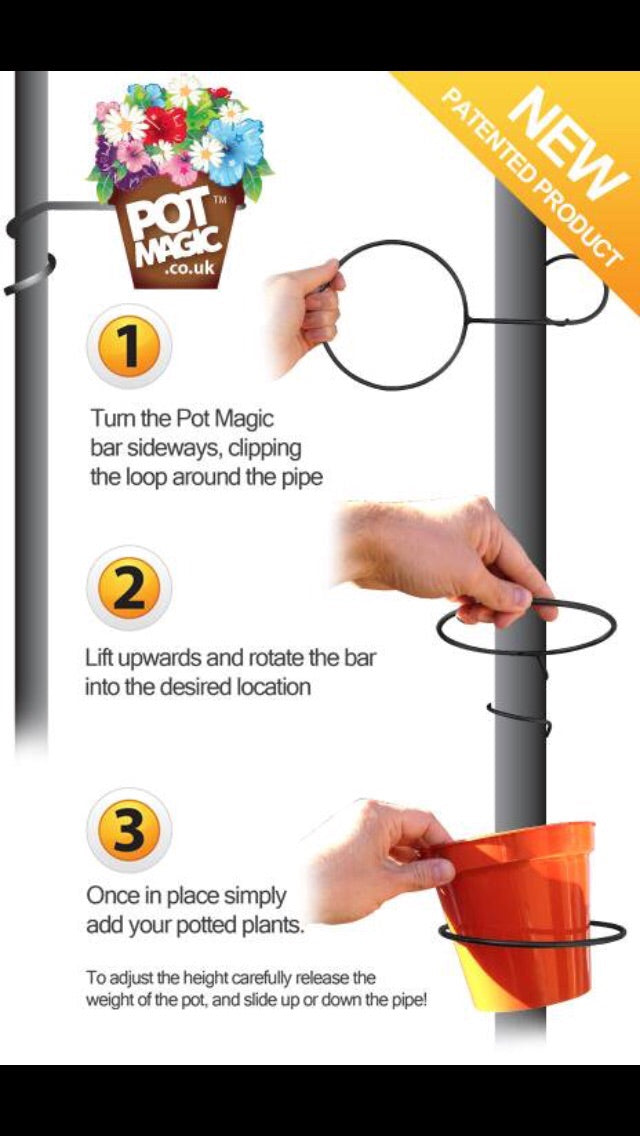 Flier showing how to fit 1 single rain water / drainpipe plant pot holder. Priced 3 for £11.99. Drainpipe Plant Pot Holders by PotMagic Ltd are used to create a beautiful vertical garden and disguise those ugly 65mm square or 68mm round rainwater drain pipes. Fit in 2 seconds. No Tools are Required. Plant pot holding ring can be expanded from 4 inches to 8 inches diameter. Made from shiny galvanised 6mm diameter steel. Strong. UK made, patented product. http://POTMAGIC.co.uk