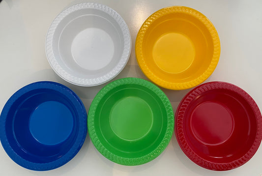 Five pan trap pan bowls in white, yellow, blue, green, and red on a white background.