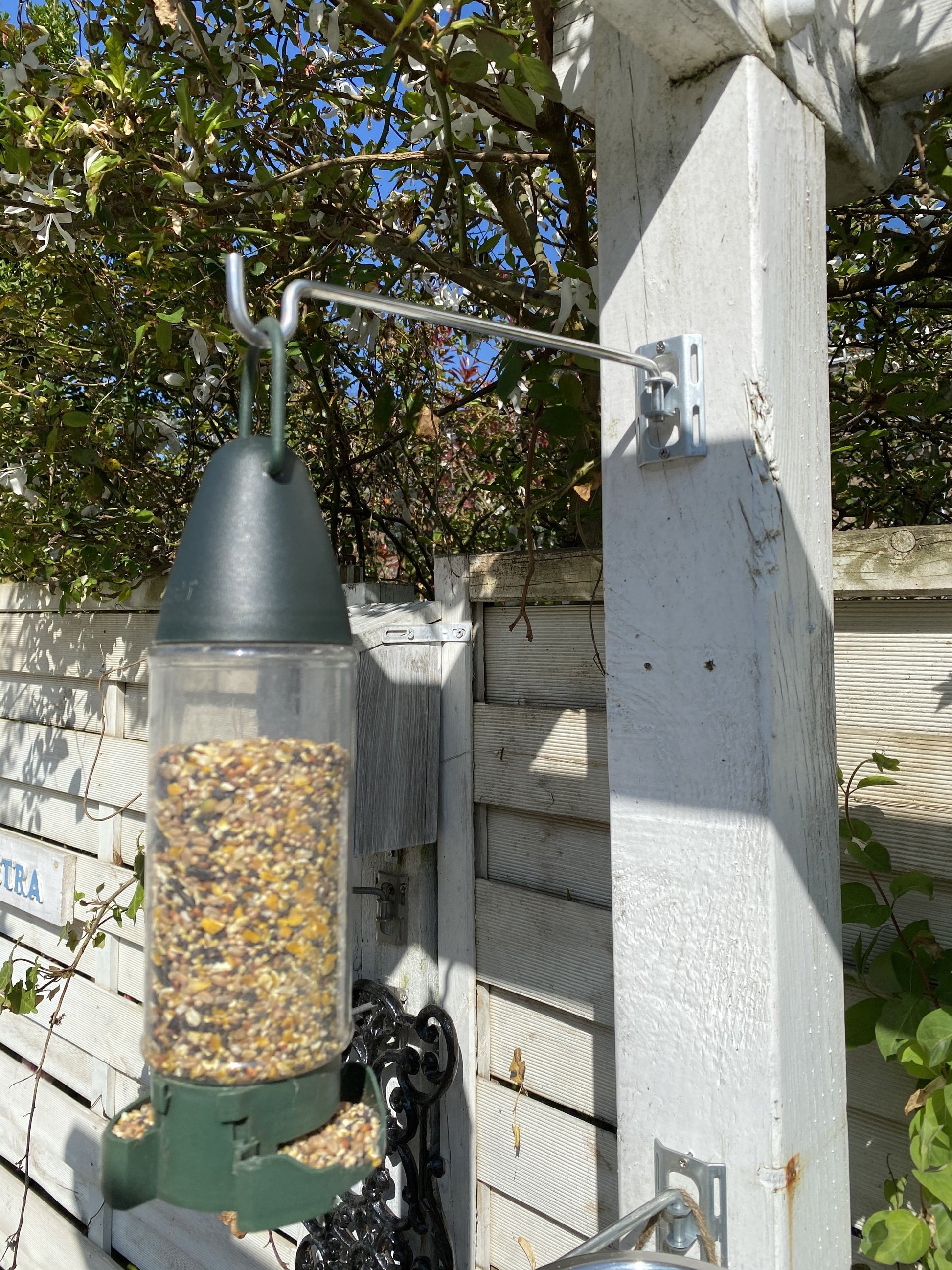 Image shows a pergola post with 1 bird feeder hanger bar with bracket holding  a seed bird feeder. Hanger bar has a deep hooked end to securely retain the feeder. Screw fittings provided in seconds - 3 Pack for £6.99 from potmagic.co.uk. Brackets are made from strong galvanised steel. Hook-ended hanger bar is made from strong 6mm diameter shiny galvanised steel.